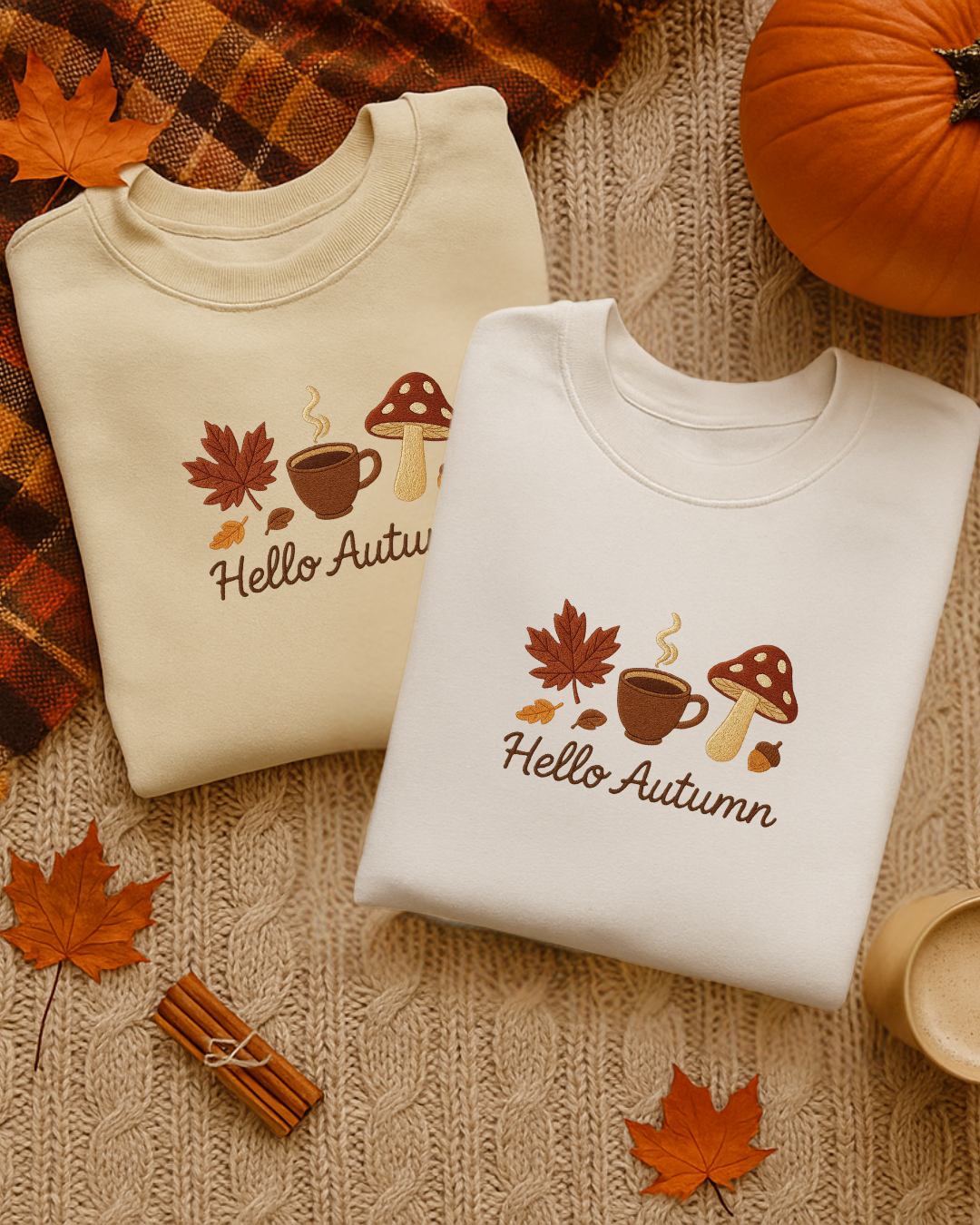 Two folded sweatshirts with an embroidered 'Hello Autumn' design on a textured surface with fall leaves and pumpkins.