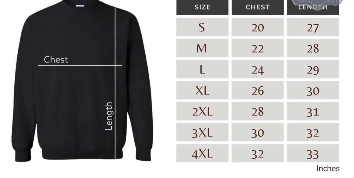size chart for adult sweatshirts