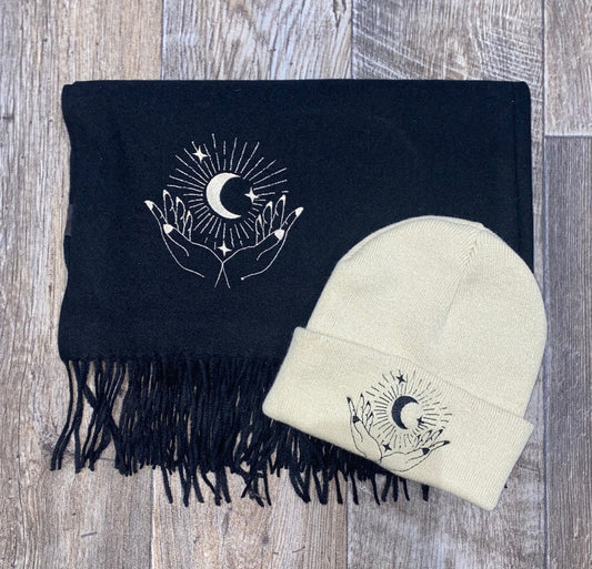 Moon And Stars Beanie Hat & Scarf Set